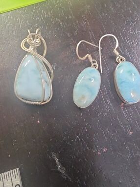 925 Sterling Silver Larimar Pendant and Earrings Set - Light Blue